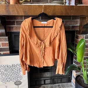 Carly Jean Los Angeles Orange Ruffled Long Sleeve Blouse